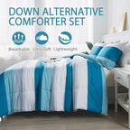 Andency Stripe Comforter Set Queen Size (90x90 Inch), 3 Pieces Teal Patchwork Striped Comforter, Soft Microfiber Down Alternative Comforter Bedding Set with Corner Loops