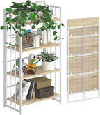 4NM No-Assembly 4 Tiers Folding Bookshelf Storage Shelves Vintage Bookcase Standing Racks Study Organizer Home Office - Natural and White