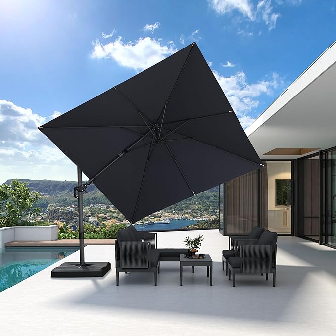 PURPLE LEAF 9.8' X 9.8' Left-right Tilting Patio Umbrella Outdoor Cantilever Swivel Square Umbrella Aluminum Offset Umbrella with 360-degree Rotation for Garden Deck Pool Patio Grey