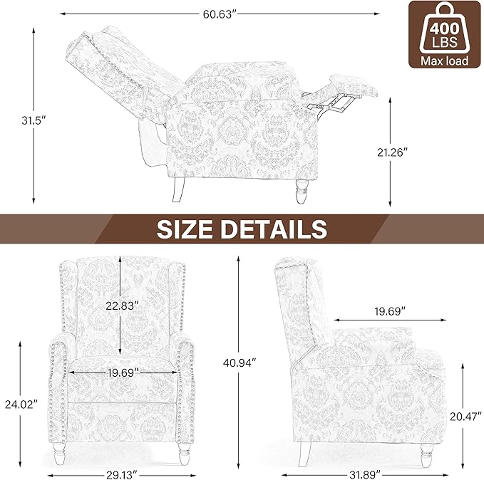 UIXE Recliner Chair, Fabric Upholstered Armchair Pushback Accent Chair for Living Room, Floral Rivet Trim Club Chair Home Theater Single Sofa Reading Seat - Beige Pattern