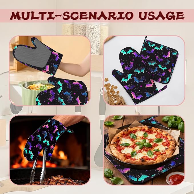 Magic Bat Heat-Resistant Silicone Oven Mitts and Pot Holders,Long Oven Gloves with Non-Slip Grip for Cooking, Baking, Grilling,BBQ