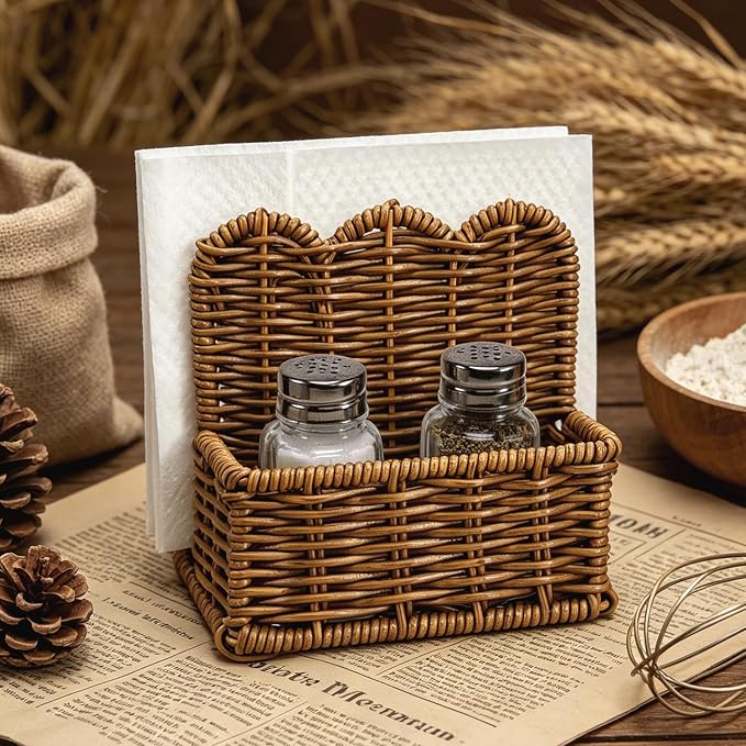 Plastic Rattan Scalloped Perimeter Napkin Holder for Table, Salt and Pepper Shakers Holder - Countertop Organizer for Rustic Room Decor, Brown (Without Salt, Pepper Shakers & Napkins)