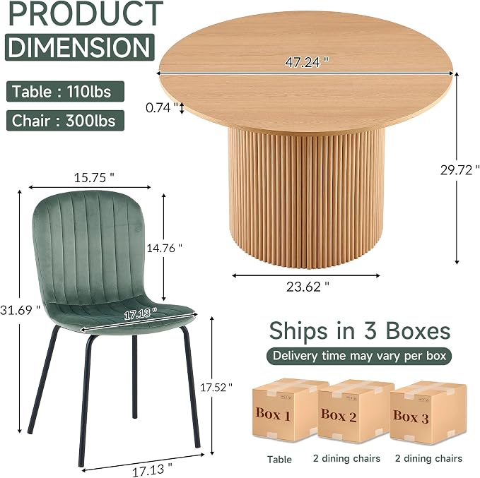 5 Piece Round Dining Table Set for 4, Mid Century Modern Wooden Kitchen Table and Chairs, Space-Saving Small Dinette Set (47 Inch Oak Table+4 Green Chairs)