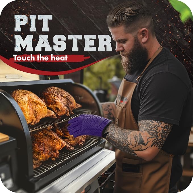 KITCHEN PERFECTION S Silicone Smoker BBQ Gloves - Heat Resistant Oven Mitts | Waterproof, 5-Finger Design For A Better Grip, for Pitmasters, Meat Smoking, Grilling, Cooking, Frying Turkey | Grill Gift