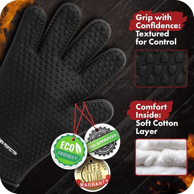 KITCHEN PERFECTION Silicone Smoker Oven Gloves -Extreme Heat Resistant BBQ Gloves -Handle Hot Food Right on Your Smoker Grill Fryer Pit|Waterproof Oven Mitts Grill Gloves |Superior Value Set+3 Bonuses | Waterproof, 5-Finger Design For A Better Grip, fo...