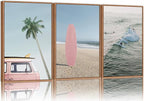 Tinonedraw Large Ocean Beach Framed Canvas Wall Art, Summer Coastal Surfboard Wall Decor, Palm Tree Pink Car Artwork, Modern Surfing Seascape Art Prints for Living Room Bedroom Office 16"x24"x3