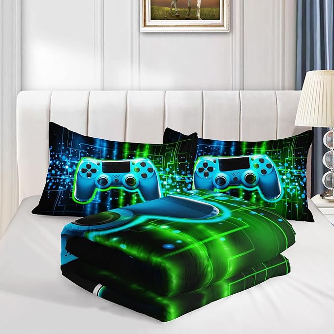Datura home Video Gamer Comforter Set for Kids Teens Adults,Green Black Gamepad Modern Gamer Gaming Printed Bedding Set with 1 Comforter and 2 Pillowcases(Gamepad Green Full)