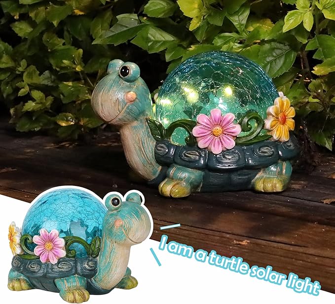 Afirst Solar Garden Statues Outdoor Figurines - Turtle Lawn Ornament with Solar Lights Cracked Glass Outdoor Decor for Patio Yard Decorations