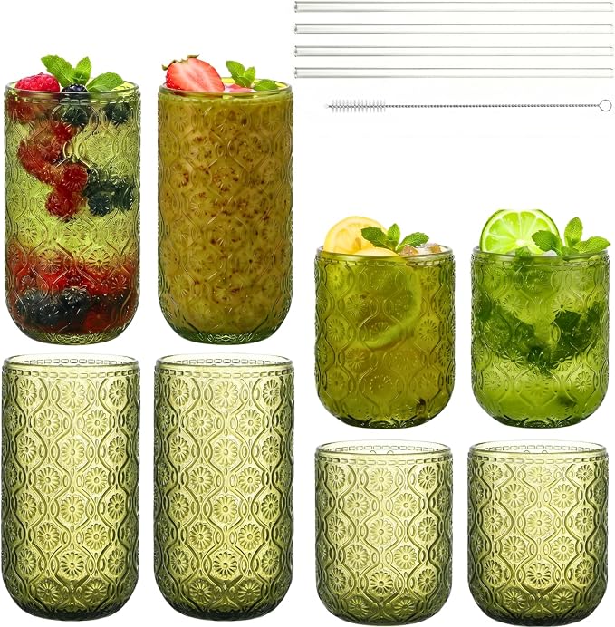 Green Drinking Glasses Set of 8, 12 Oz Highball & 10 Oz Cocktail Glasses with Straws, Thick Glass Iced Coffee Cups, Floral Embossed Kitchen Vintage Glassware Set for Water, Beer, Juice, Whiskey