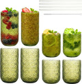 Green Drinking Glasses Set of 8, 12 Oz Highball & 10 Oz Cocktail Glasses with Straws, Thick Glass Iced Coffee Cups, Floral Embossed Kitchen Vintage Glassware Set for Water, Beer, Juice, Whiskey