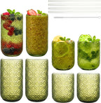 Green Drinking Glasses Set of 8, 12 Oz Highball & 10 Oz Cocktail Glasses with Straws, Thick Glass Iced Coffee Cups, Floral Embossed Kitchen Vintage Glassware Set for Water, Beer, Juice, Whiskey