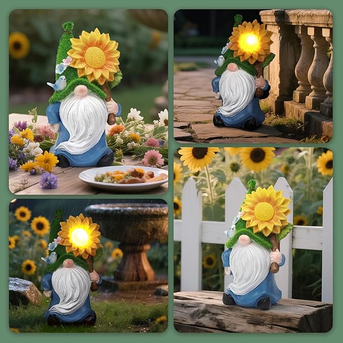 Solar Gnome with Glowing Sunflower Light,Weatherproof Resin Garden Figurine Decor Auto On/Off - Fairytale Statue Gift for Patio,Yard & Gifts