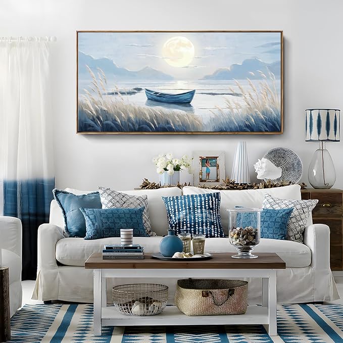 amatop Large Framed Wall Art Bedroom Living Room Decor Blue Boat Moonlight Coastal Seascape Picture Landscape Decorative Canvas Print Tranquil Night Ocean Lake Scene Artwork Nautical Wall Decor 48x24