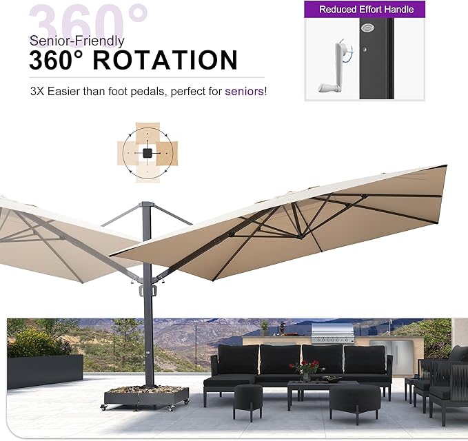 PURPLE LEAF 13 FT Square Patio Umbrella with Base Included Large Outdoor Aluminum Offset Umbrella with 360-degree Rotation Cantilever Umbrella for Garden Deck Backyard Pool Beige