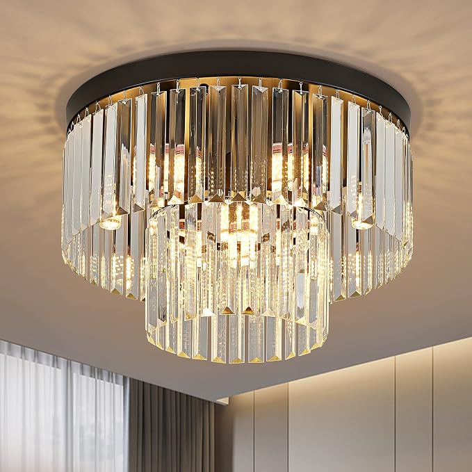 17" 9 Light Black Crystal Ceiling Light for Dining Room | K9 Crystal, Stainless Steel, 2 Tier, E12 Base, Flush Mount, for Kitchen Island Living Room Bedroom Entryway