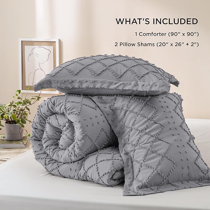 Bedsure Queen Comforter Set - Grey Comforter, Boho Tufted Shabby Chic Bedding Comforter Set, 3 Pieces Vintage Farmhouse Bed Set for All Seasons, Fluffy Soft Bedding Set with 2 Pillow Shams
