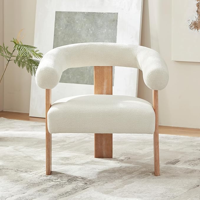 VKNOW Accent Chair Living Room Chair, Modern Upholstered Armchair with Solid Wood Legs, Comfy Barrel Arm Chairs for Living Room Bedroom, Cream