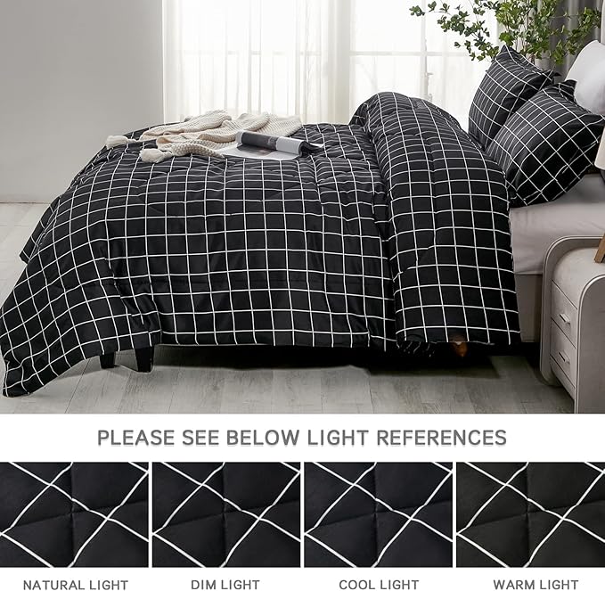 Andency Black Grid Comforter Set Queen Size (90x90 Inch), 3 Pieces(1 Grid Comforter and 2 Pillowcases), Summer Lightweight Microfiber Down Alternative Black Comforter with White Lines