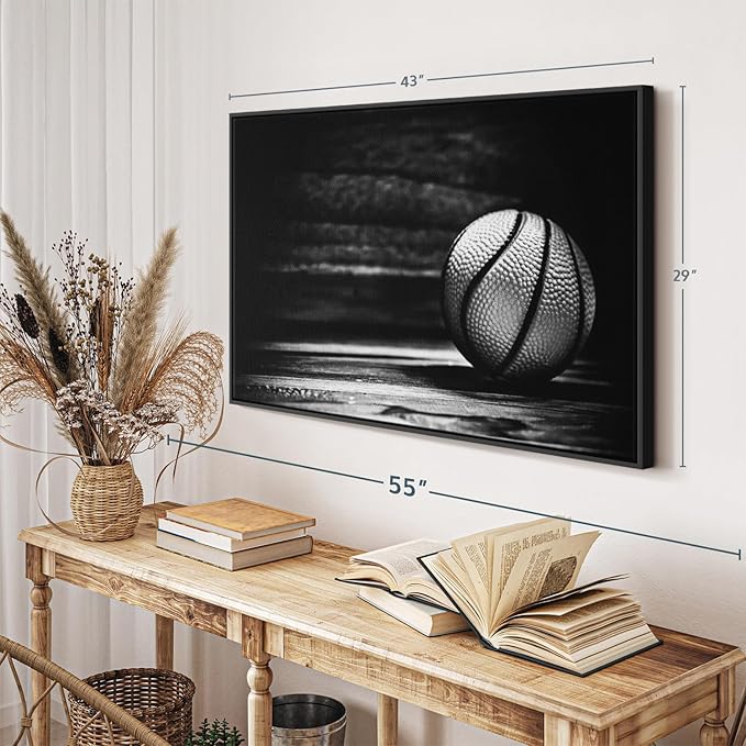ElephantStock Basketball Wall Art - Horizontal Framed Canvas - 1-Piece Hallway Wall Decor - Photography sports Canvas Print - Black and Gray Decor for Wall - 43" X 29"