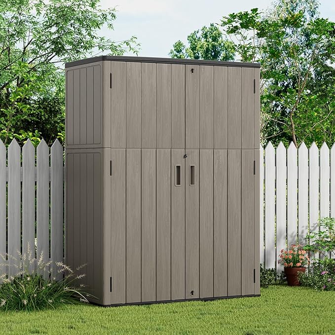 KINYING Outdoor Storage Shed,57 Cu.ft Vertical Outdoor Storage Cabinet Waterproof, Outdoor Resin Tool Shed for Patio Furniture, Garden Tools, Pool Accessories, Lawn Mower(Coffee Color)