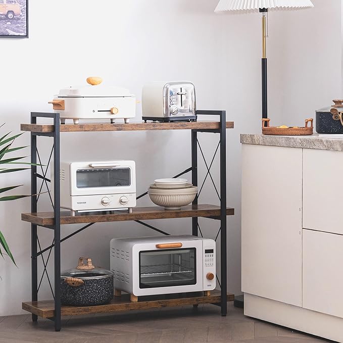 HCHQHS Bookshelf, 3-Tier Industrial Bookcase, Rustic Open Book Shelf, Wood and Metal Horizontal Bookshelves