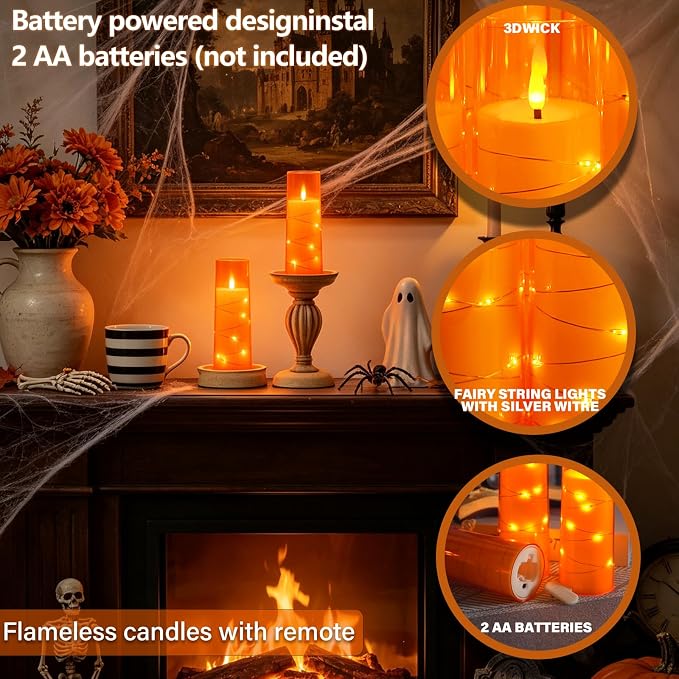 Sasigeiaa Flameless Candles with Embedded Star String - Battery Operated LED Candles, with Remote,7 Orange Flickering Candles for Christmas, Weddings, Home Decor & Party,(D 2.3"×H 5" 6" 7")