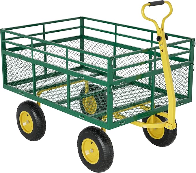 3-in-1 Heavy-Duty Steel Garden Cart, 1400 Lbs Garden Wagon, with 13 Inch All-Terrain Tires and Removable Mesh Side Panels, 180° Rotating Handle, Metal Utility Yard Trailer, Outdoor Gardens Wagon Cart