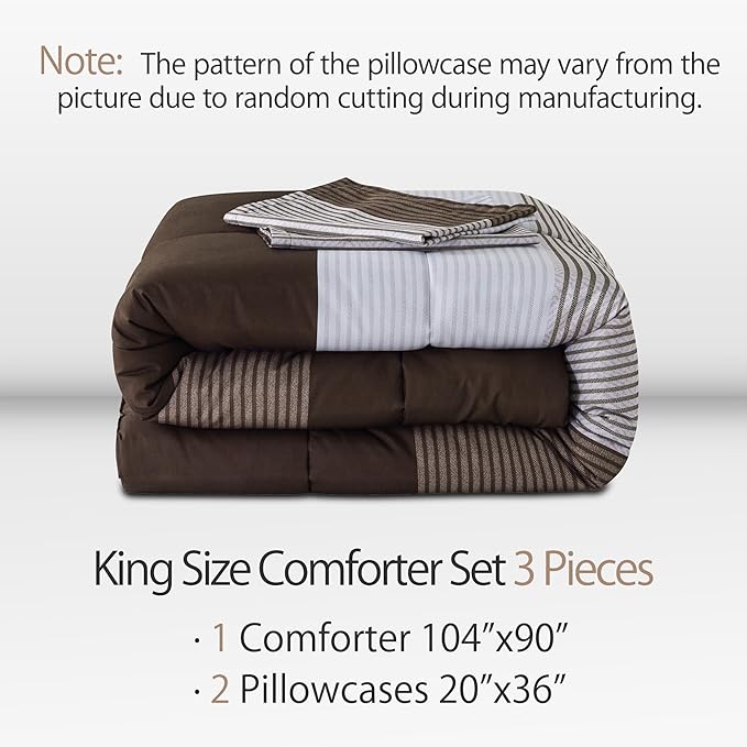 Andency Stripe Comforter Set King Size (104x90 Inch), 3 Pieces Brown Patchwork Striped Comforter, Soft Microfiber Down Alternative Comforter Bedding Set with Corner Loops
