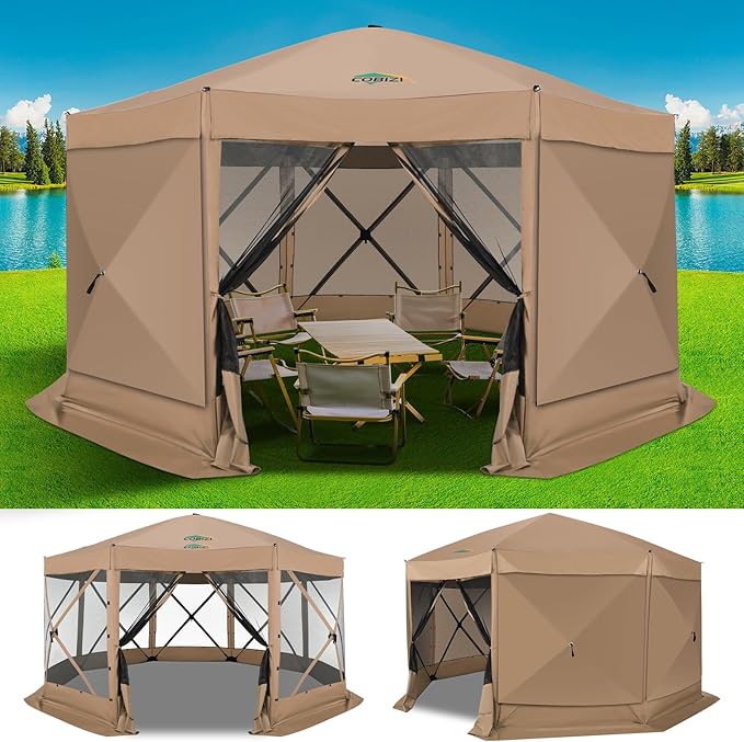 COBIZI 15x15ft Extra Large Pop Up Gazebo Canopy Tent with Mosquito Netting, Spacious Easy Set-Up Screened Shelter, Durable Outdoor Pavilion with Ground Stakes, Perfect for Patio, Backyard, Khaki