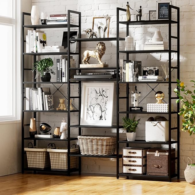NUMENN Triple Wide 6 Tier Bookshelf, Rustic Industrial Style Bookcases and Bookshelves with 17 Open Display Shelves, Modern Tall Bookcase Furniture for Bedroom, Living Room and Home Office, Black