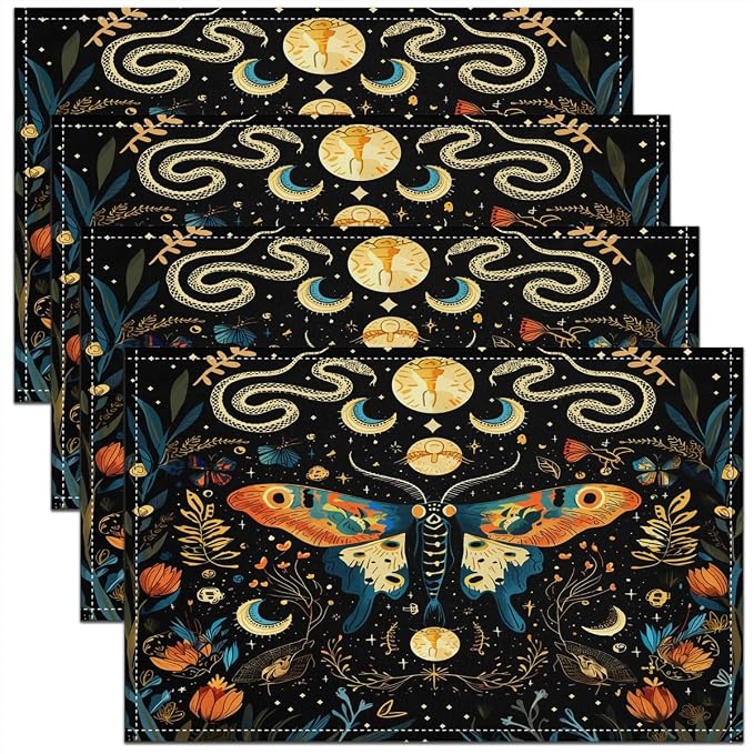 Feelyou Bohemian Moth Placemats Set of 4 18"x12" Boho Exotic Butterfly Placemat for Kitchen Dining Table Decor Indoor Outdoor for Kids Teens Adults Sun Moon Table Place Mats, Galaxy Floral Botanical