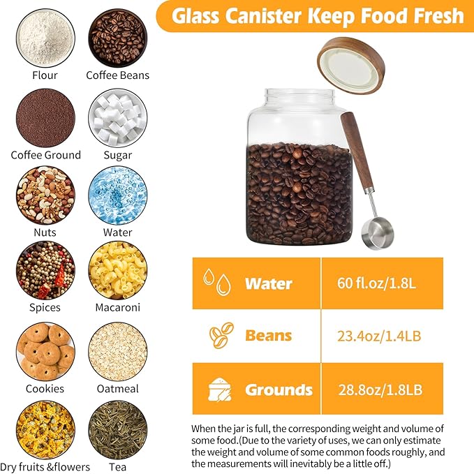 Large Glass Coffee Jars with Spoons 60 oz /1800ml, Round Storage Canister with Wooden Lid Clear Glass Food Jar for Pantry Sugar Tea Coffee Bean Spice Nuts Cookies Bath Salts (1800ml/60oz)