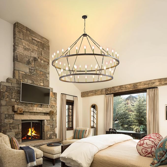 WJShome 55 Inch Farmhouse Wagon Wheel Chandelier - 2 Tier 48-Light Rustic Black and Gold Chandeliers, for Living Room, Entryway and Staircase