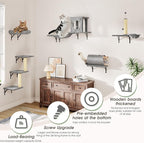 7-in-1 Cat Wall Shelves, Space-Saving Wall Mounted Cat Shelves, Cat Climbing Wall Systems for Play & Rest Includes Tunnel, House, Bridge, Steps, Scratcher, Hammock, Shelves, Gray