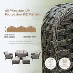 Yechen Patio Conversation Set 7 Seats with 44" Propane Gas Fire Pit Table - 6 Pcs Outdoor Wicker Furniture Set with Lid & Wind Shields - Sectional Sofa Set for Porch,Backyard