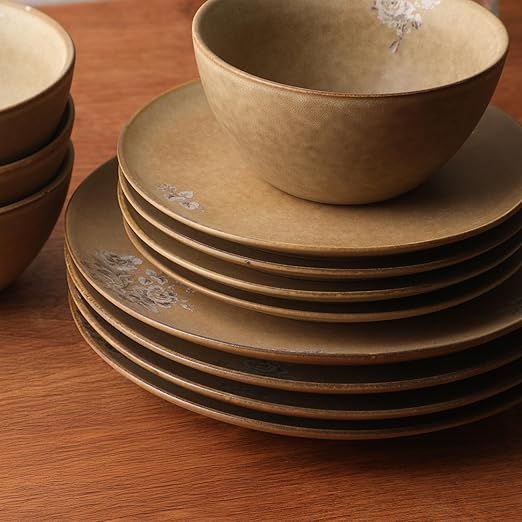 Gibson Elite Valencia Bloom 12 Piece Plates and Bowls Dinnerware Set - Taupe with Floral Decal Dishes - Microwave and Dishwasher Safe