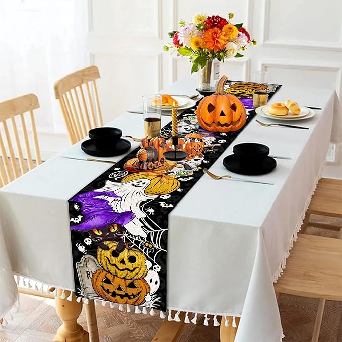 Halloween Table Runner Pumpkin Black Cat Halloween Table Runners 72 Inches Long Happy Halloween Boo Ghost Theme Decor for Kitchen Dining Table Home Party Decorations