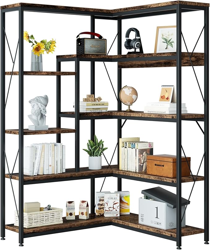 Shintenchi 5 Tiers Corner Bookshelf, 70.86" Tall L-Shaped Bookcase, Large Corner Etagere Bookcase, Corner Shelf Display Storage Rack with Metal Frame for Living Room Home Office, Rustic Brown