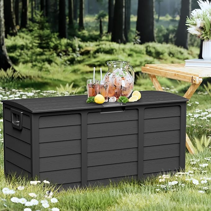75 Gallon Outdoor Deck Box - Durable Resin Storage with Lockable Lid, for Patio Furniture Cushions, Pillows (Black)
