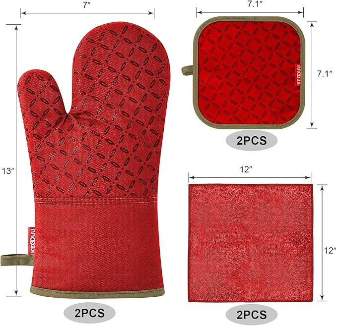 KEGOUU Oven Mitts and Pot Holders 6pcs Set, Kitchen Oven Glove High Heat Resistant 500 Degree Extra Long Oven Mitts and Potholder with Non-Slip Silicone Surface for Cooking (Red)