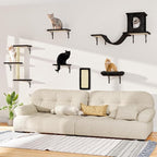 6-in-1 Cat Wall Shelves, Wall Mounted Cat Climber with Condo House, Scratching Post, Bridge Ladder, Space-Saving Indoor Play Furniture for Kittens, Black