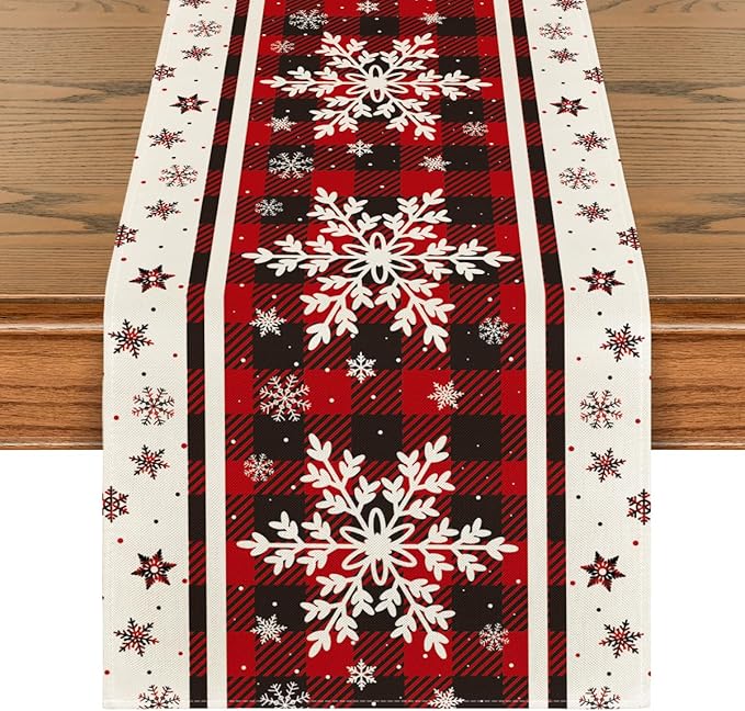 Artoid Mode Buffalo Plaid Snowflakes Christmas Table Runner, Seasonal Winter Kitchen Dining Table Decoration for Home Party Decor 13x108 Inch
