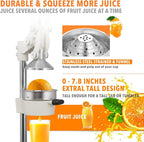 19 Inch Height Extra Tall Commercial Heavy Duty Cast Iron Hand Press Manual Orange Citrus Lemon Lime Grapefruit Pomegranate Fruit Juice Squeezer Machine with Stainless Steel Cup White
