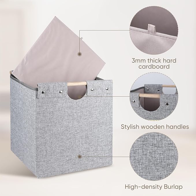 13x13x13 Inches Collapsible Storage Cubes, 4 Pack Fabric Bins with Wooden Handles for Kallax Shelves, Closet, Cabinet, Bookcase, Home Organizer Boxes for Decor and Laundry (Gray)