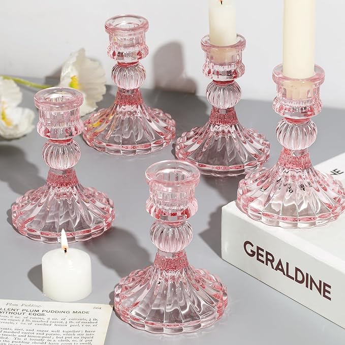 12PCS Pink Candlestick Holders Set- 4" H Taper Candle Holders, Glass Candle Holders Bulk for Wedding, Party, Home Table Centerpieces, Festival Gifts & Windowsill Decor