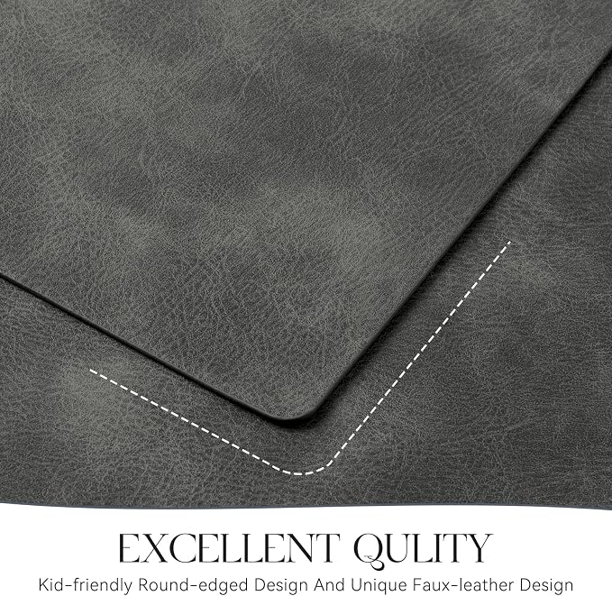 MOSAYT Vinyl Placemats Set of 6-12 X 17 Inch - Faux Leather 100% Waterproof Oil-Proof Wipeable PU Place Mats, Heat Resistant Reversible Table Mats for Kitchen, Dining, Outdoor, Dark Grey