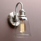Yosoan 1-Light Brass Modern Vintage Indoor Wall Sconce, Vanity Single Luxury Hardwired Retro Textured Clear Oval Cone Glass Shade with Industrial Gooseneck Curved Rod Bathroom Lamp(Brushed)