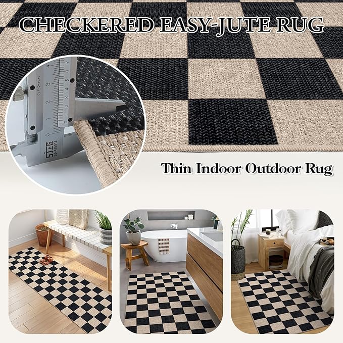 Lahome Checkered Easy Jute Carpet, 3x5 Outdoor Patio Rug Washable Rugs for Entryway Checkerboard Indoor Outdoor Living Room Classroom Carpet, Farmhouse Neutral Non Slip Black Door Mat for Bedroom