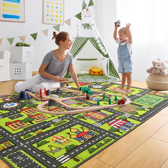 Zareas 3x5 Feet Kids Area Rug Play mat Car Rug for Playroom, Children Educational City Traffic Road Map Fun Car Carpet, Car Rug for Boys Bedroom, Upgrade Anti-Skid Rectangular for Kids Rugs, 60''x36''