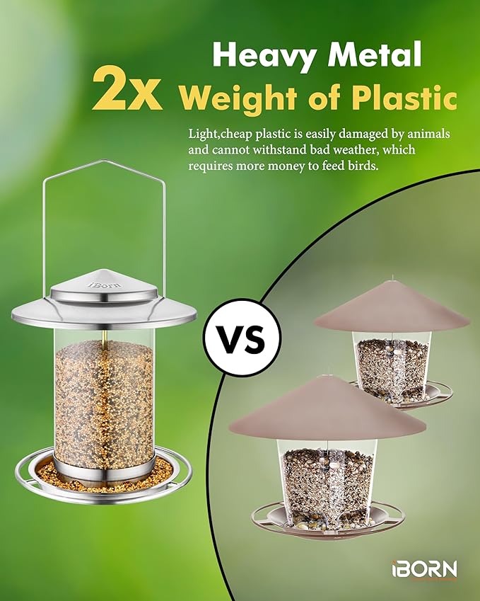 iBorn Metal Bird Feeders for Outdoors,Easy Clean Bird Seed Feeder,Hanging Bird Feeder for Seeds with Gift Box,3-Second Refill Bird Feeder,Nickle 6 Port (Seed is not Included)